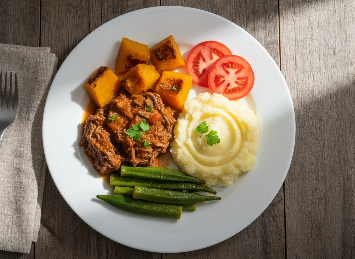 Refeição com carne, abóbora, quiabo e purê de batata photo