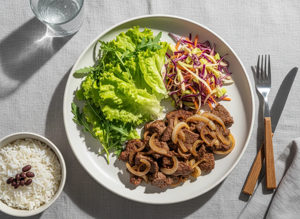 Refeição com carne acebolada e salada photo