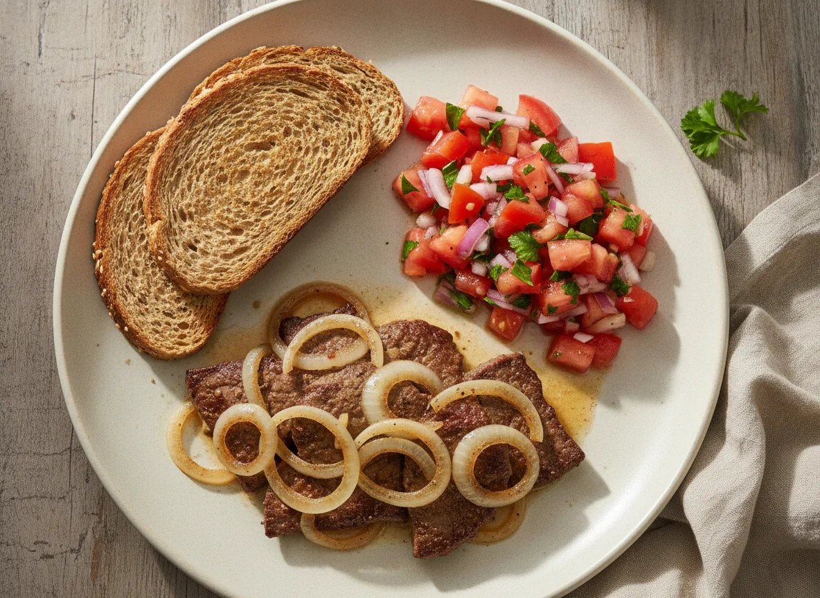 Refeição com carne acebolada, vinagrete e torrada photo