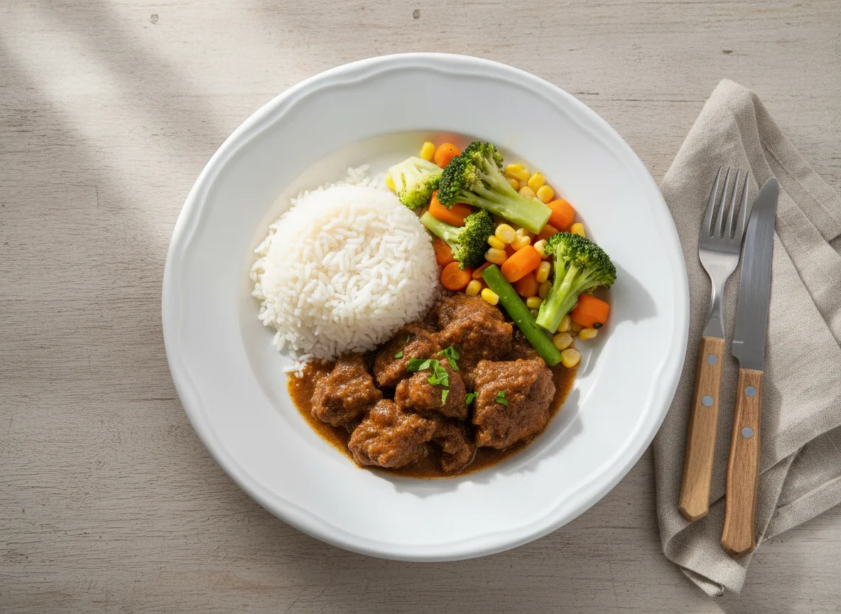 Refeição com carne, arroz e legumes photo
