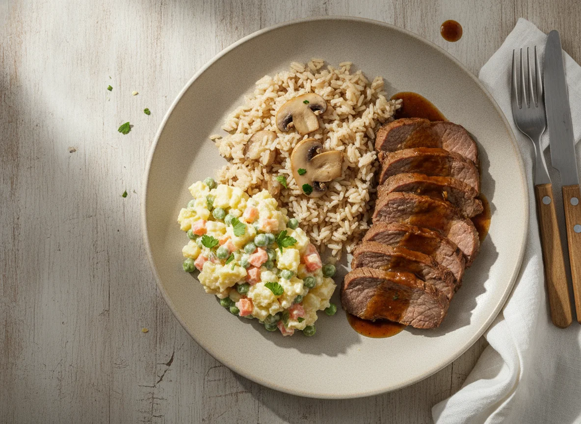 Refeição com carne, arroz e salada de batata photo