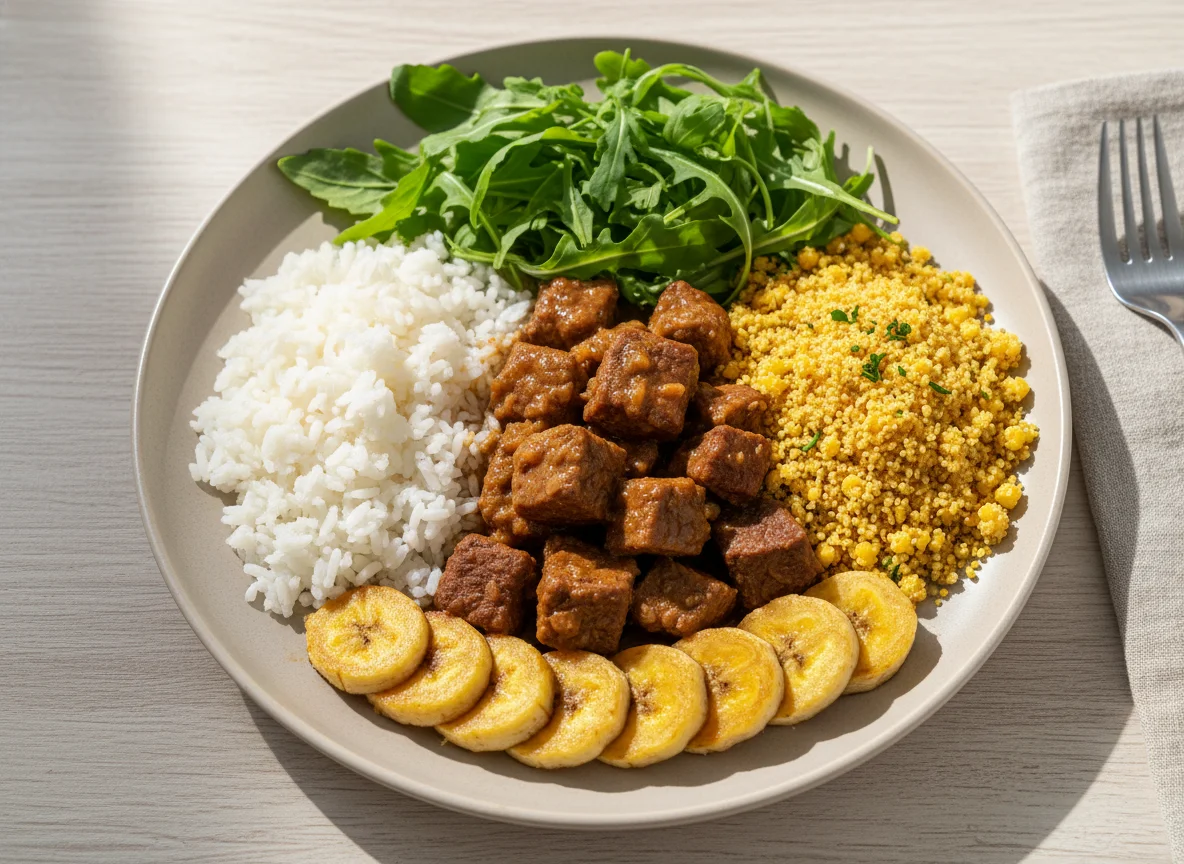 Refeição com carne, arroz, farofa, rúcula e banana photo