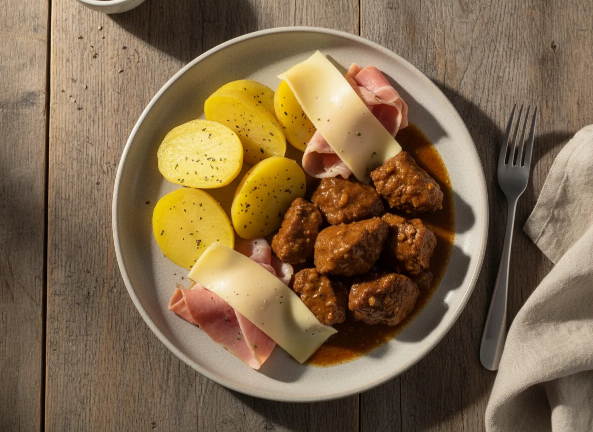 Refeição com carne, batata, queijo e fiambre photo