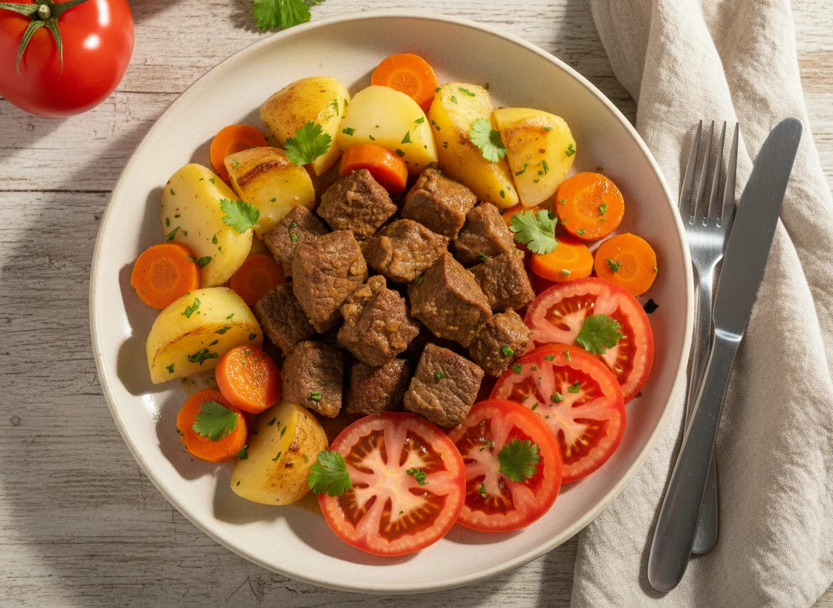 Refeição com carne, batatas e tomate photo