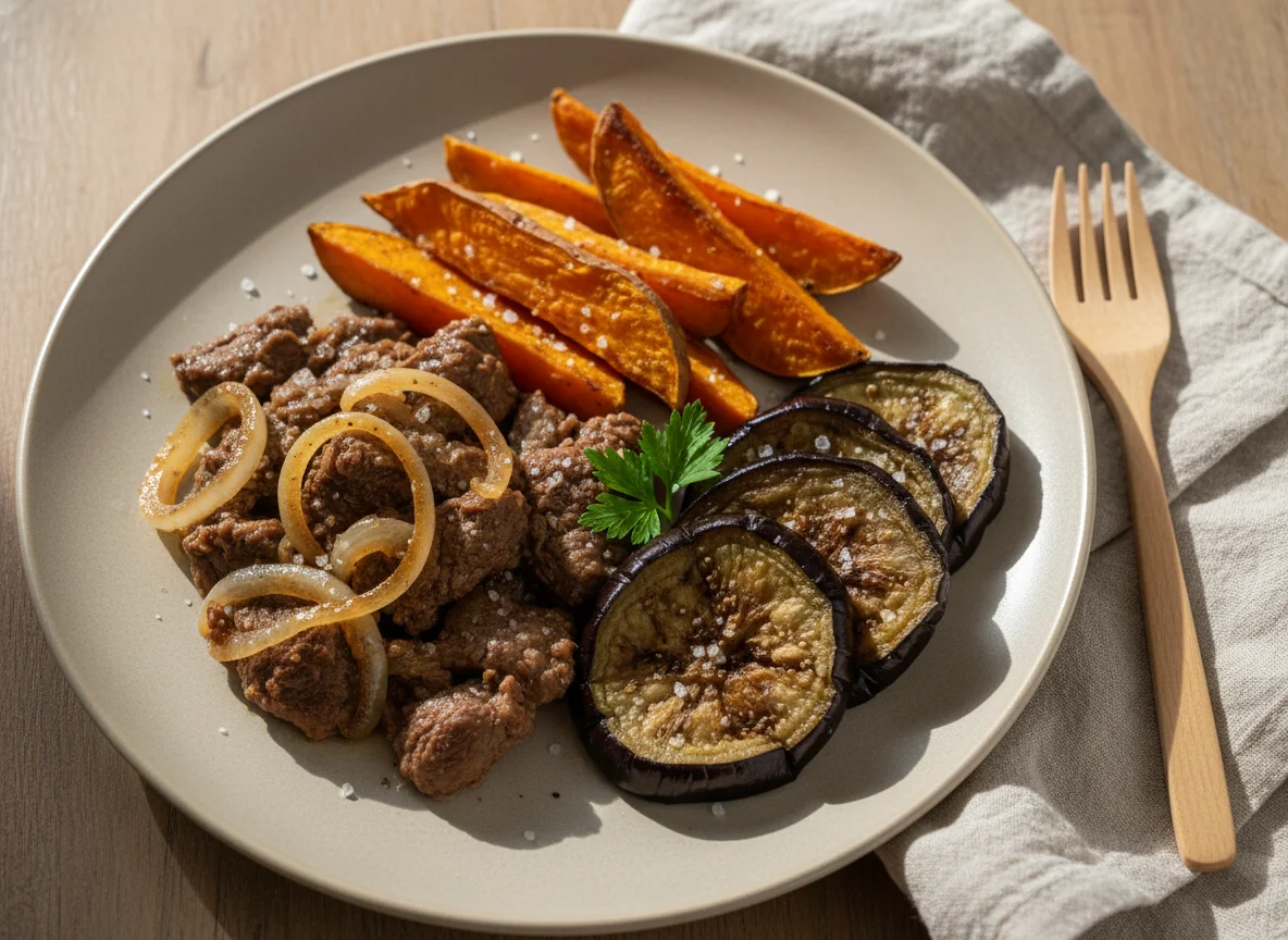 Refeição com carne, berinjela e batata doce photo