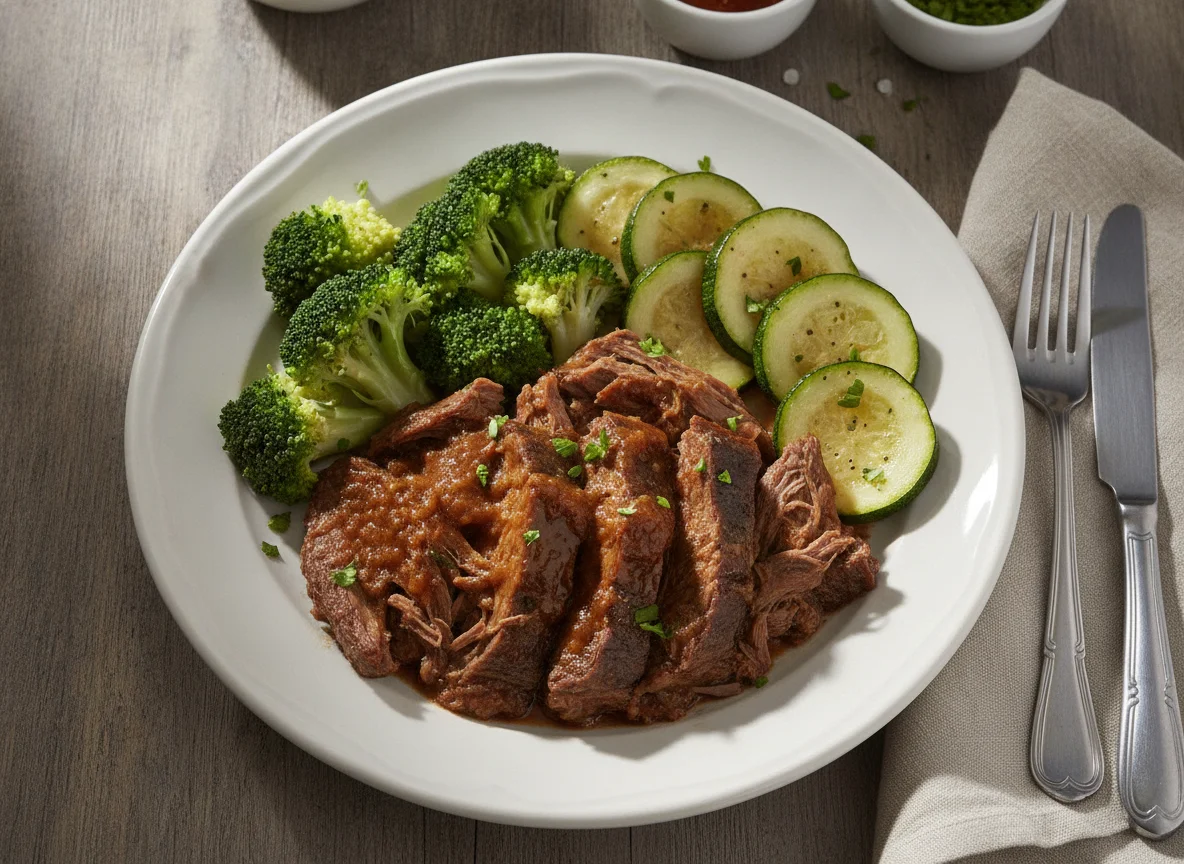 Refeição com carne, brócolis e abobrinha photo