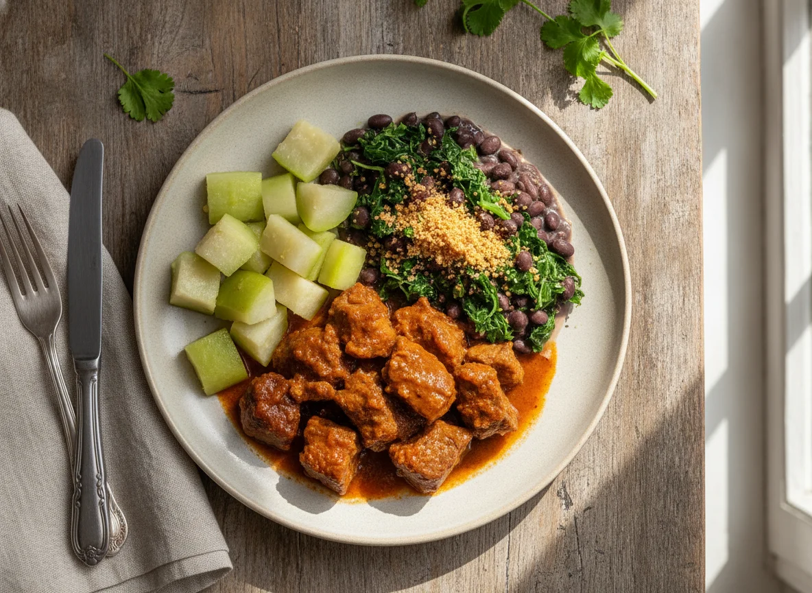 Refeição com carne, chuchu e feijão photo