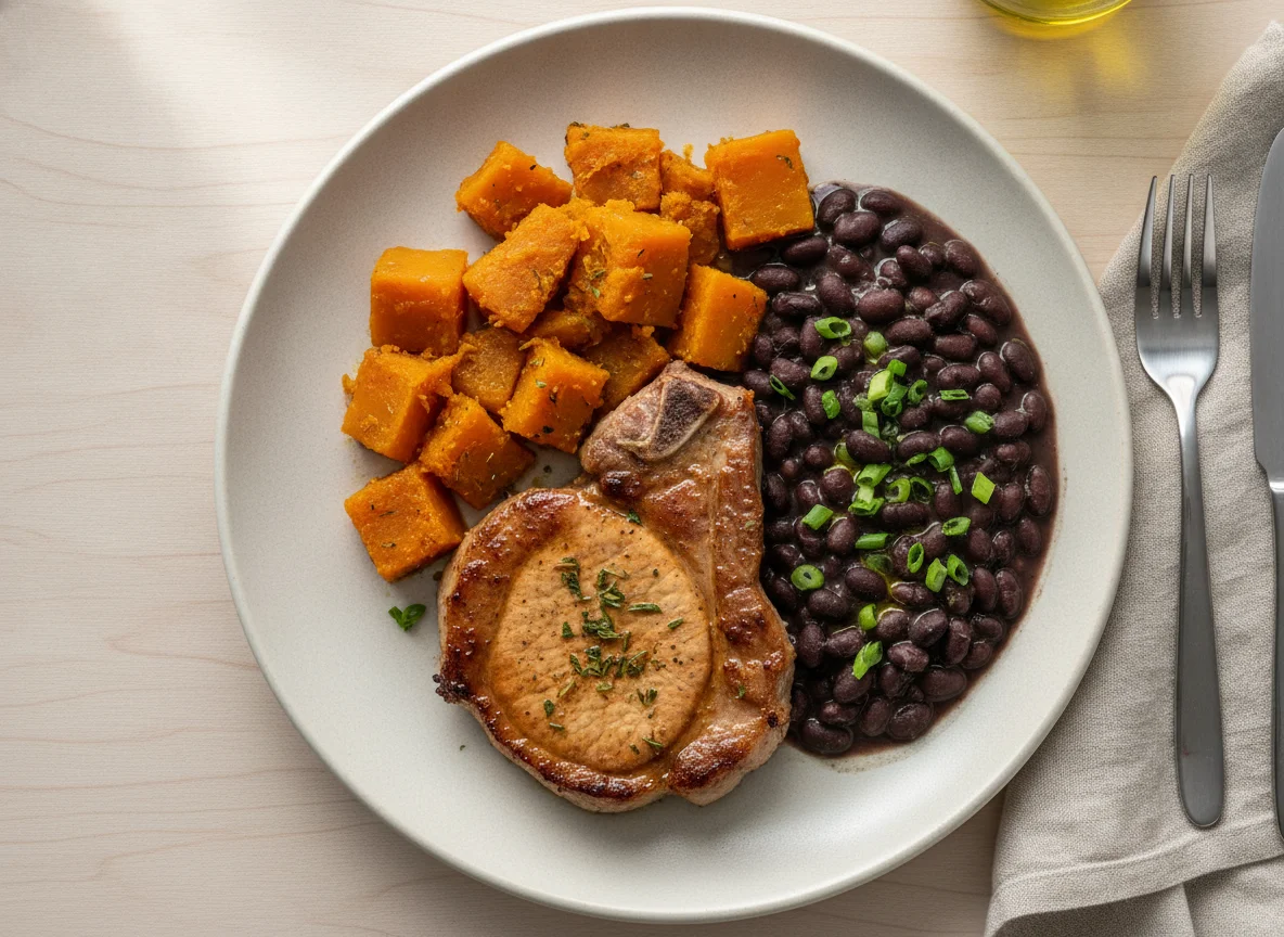 Refeição com carne de porco, abóbora e feijão photo