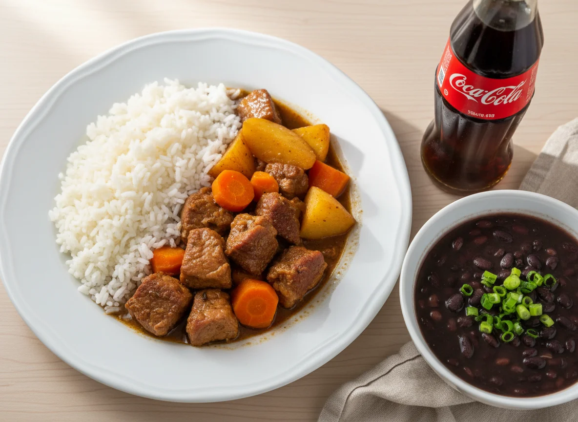Refeição com carne de porco, arroz e feijão photo