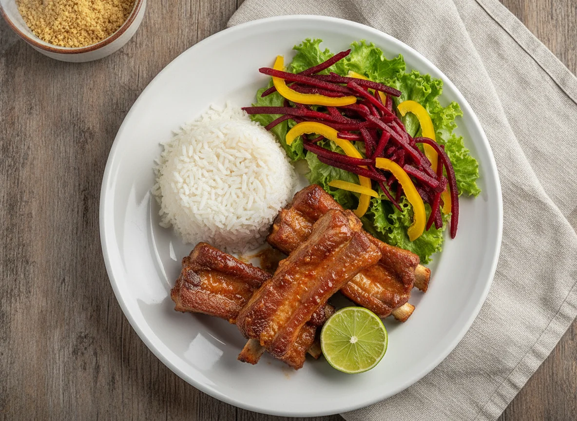 Refeição com carne de porco e salada photo