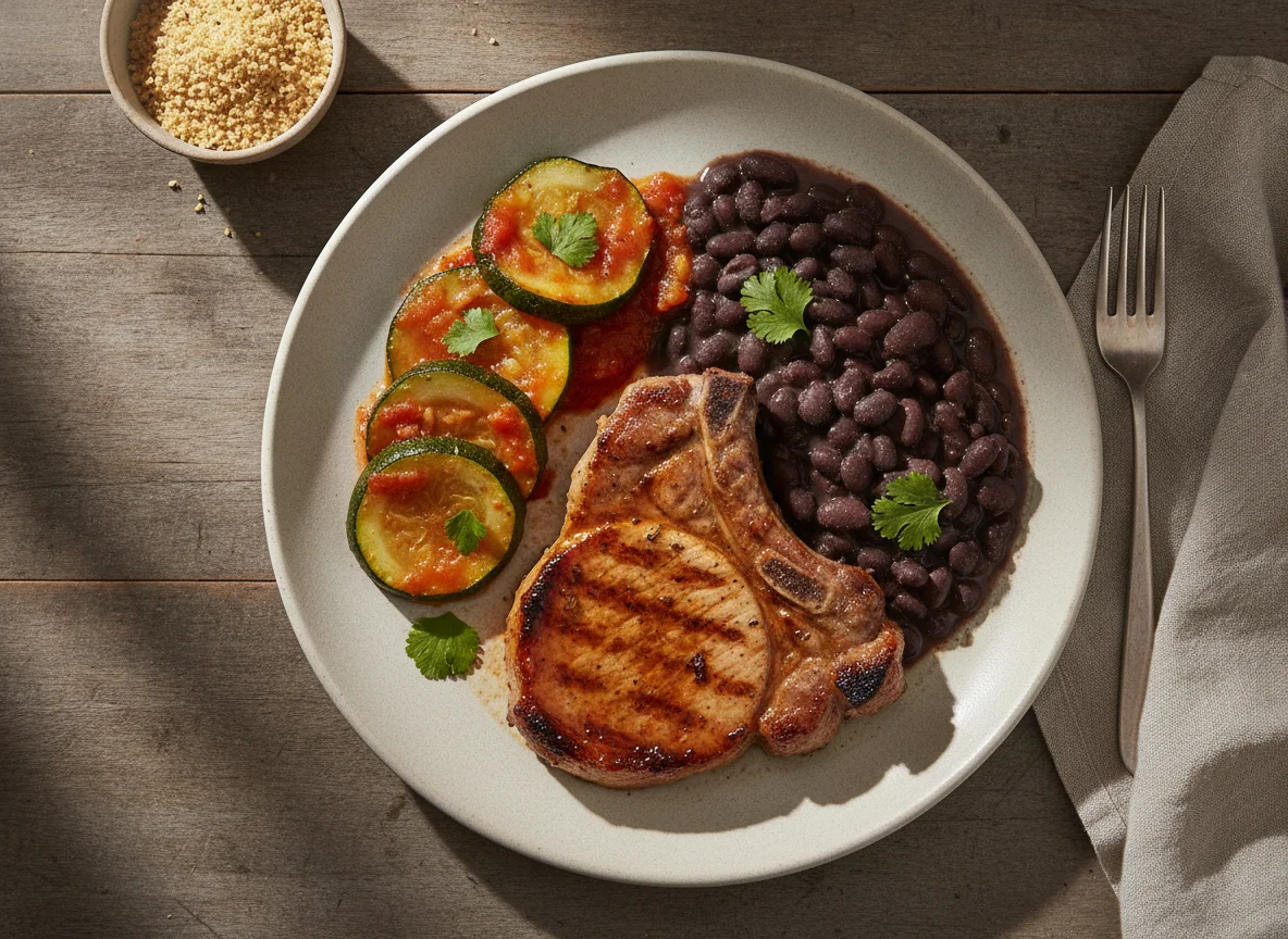 Refeição com carne de porco, feijão e abobrinha photo