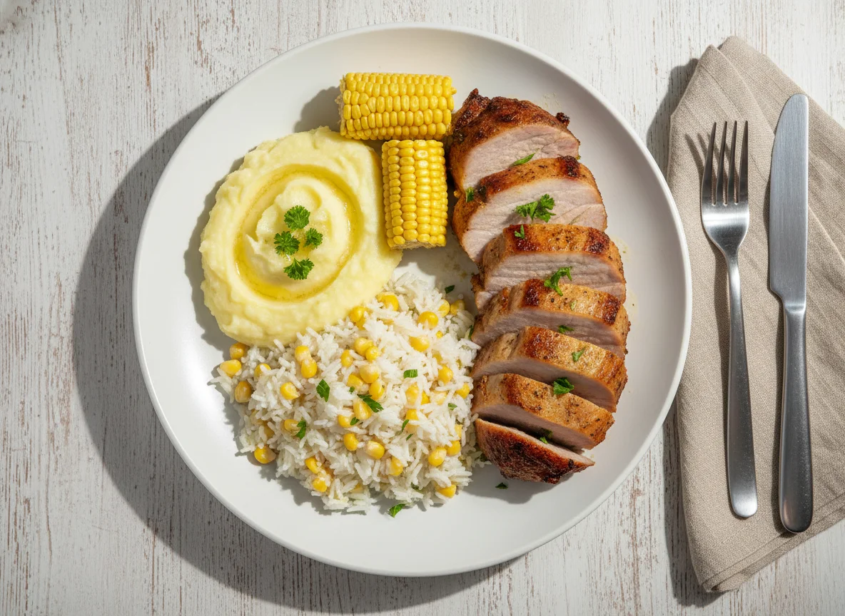Refeição com carne de porco, purê de batata e arroz com milho photo