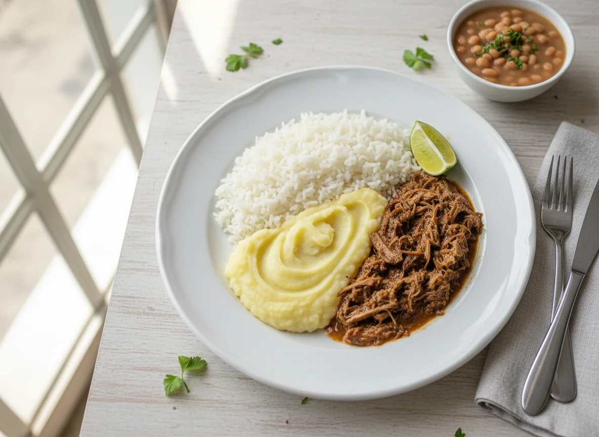 Refeição com carne desfiada, arroz, purê e feijão photo