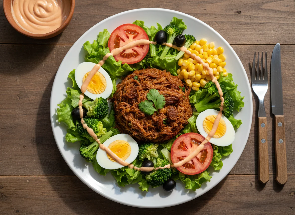 Refeição com carne desfiada e salada photo