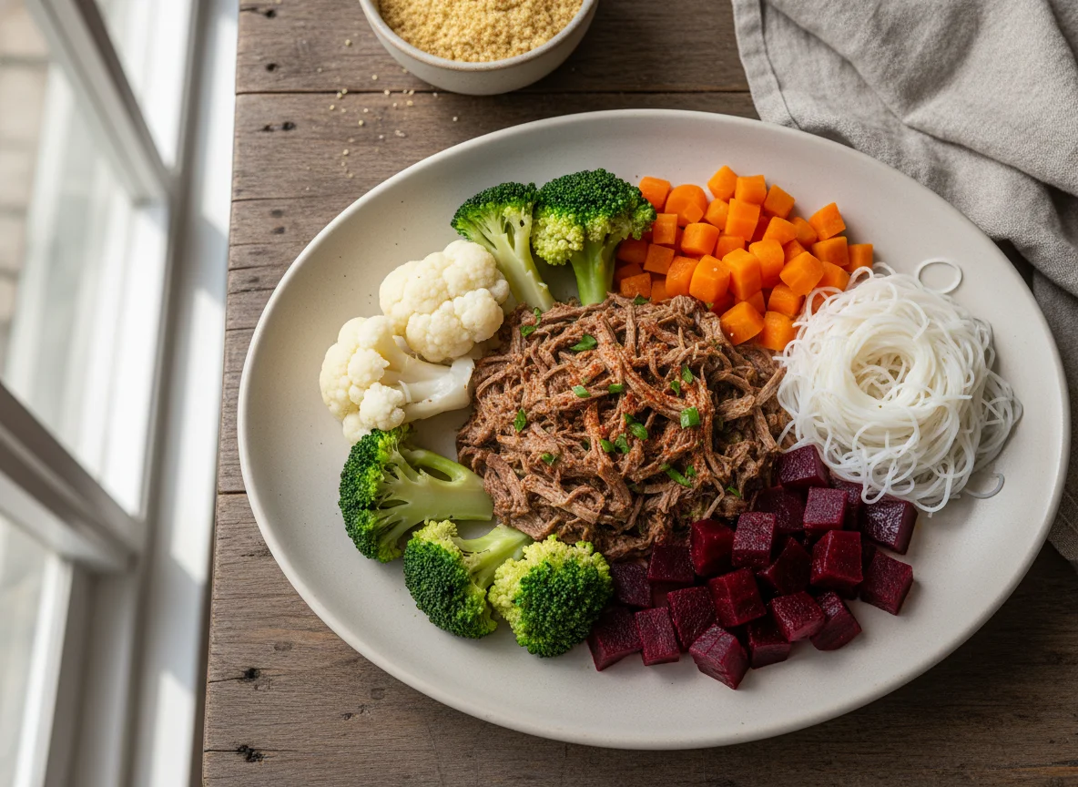 Refeição com carne desfiada e vegetais photo