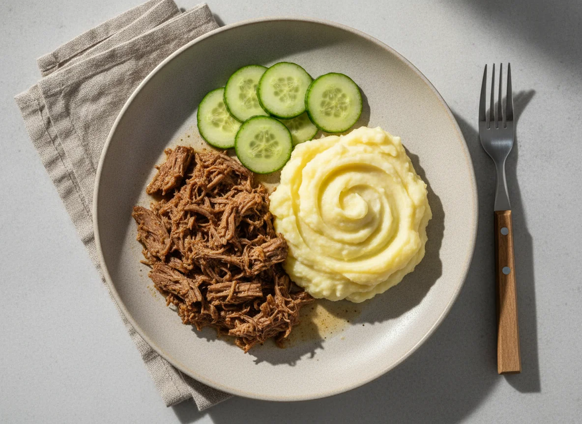 Refeição com carne desfiada, purê e pepino photo