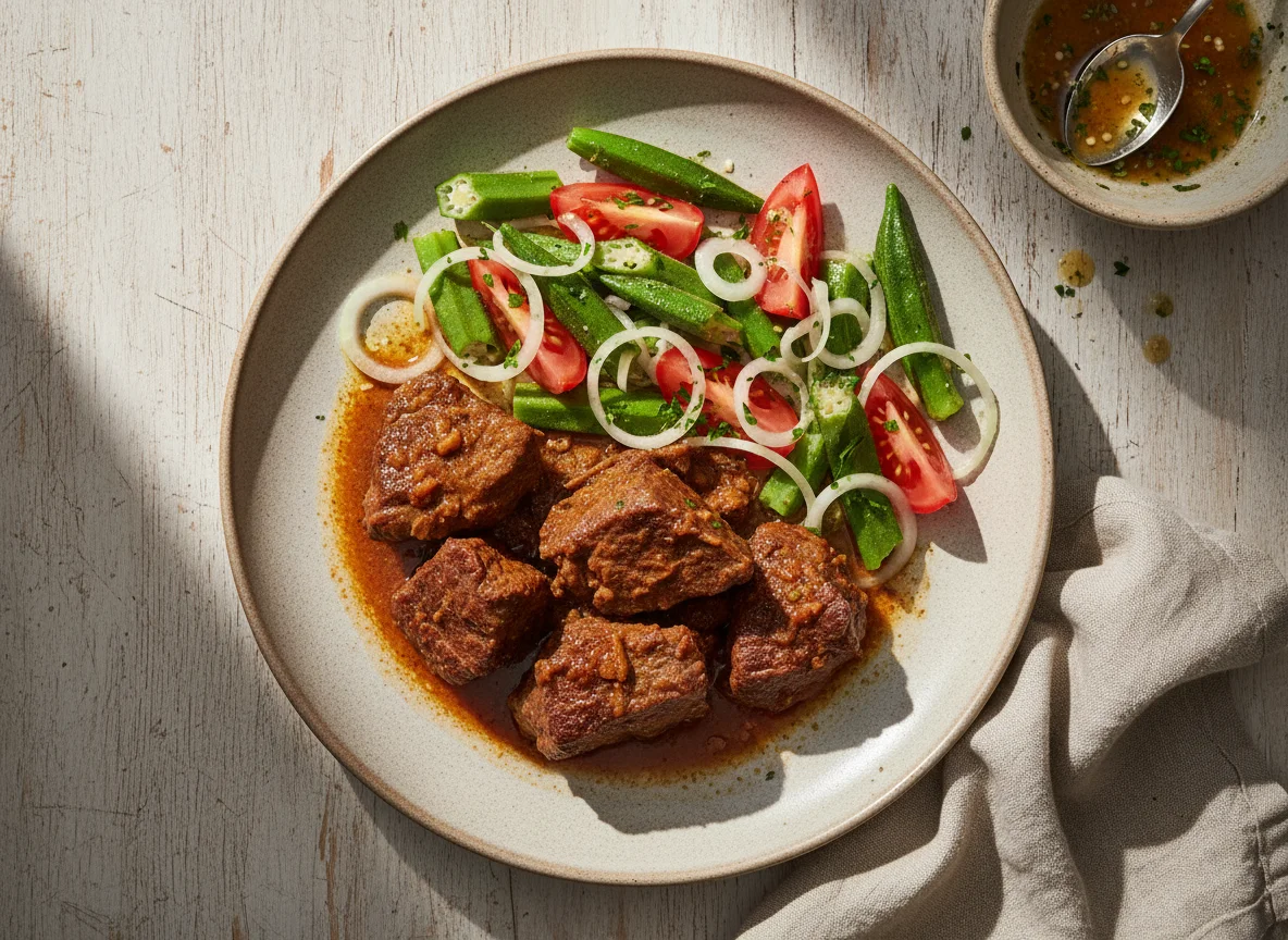 Refeição com carne e salada de quiabo photo