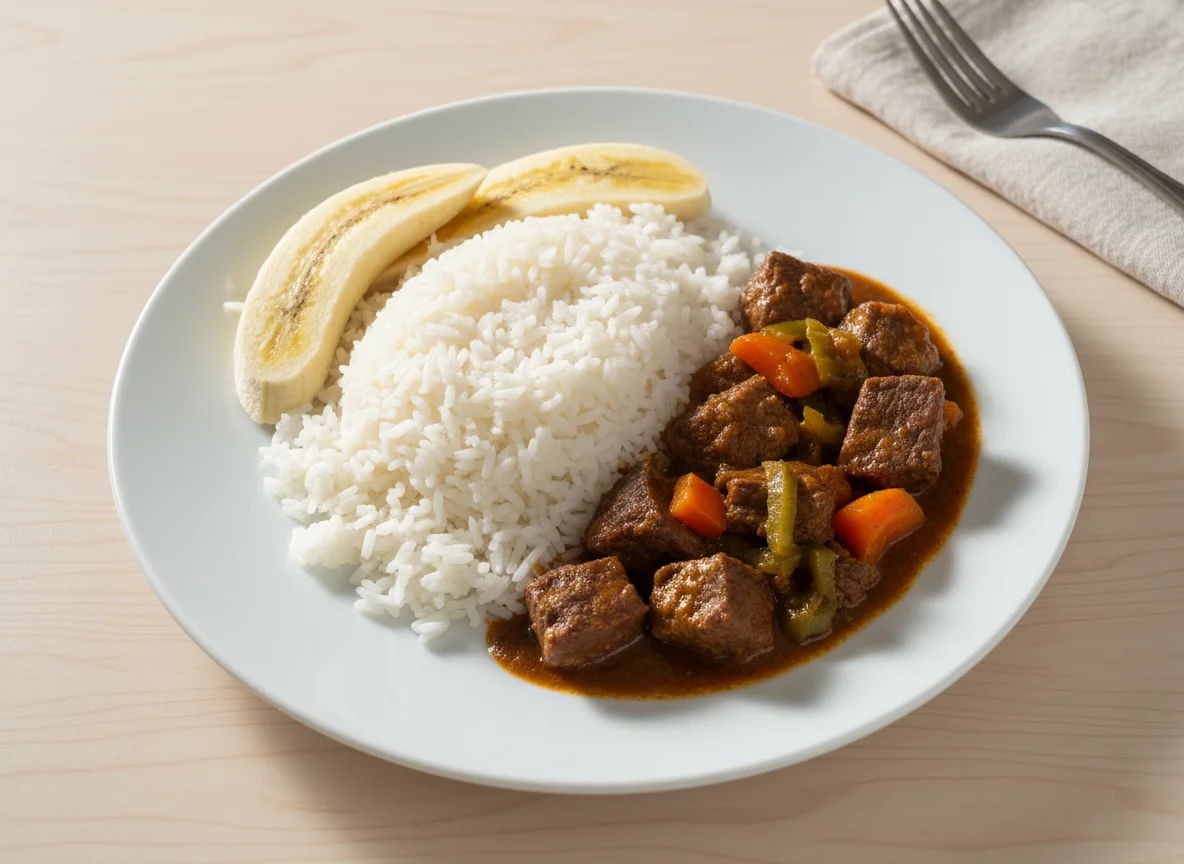 Refeição com carne ensopada, arroz e banana photo