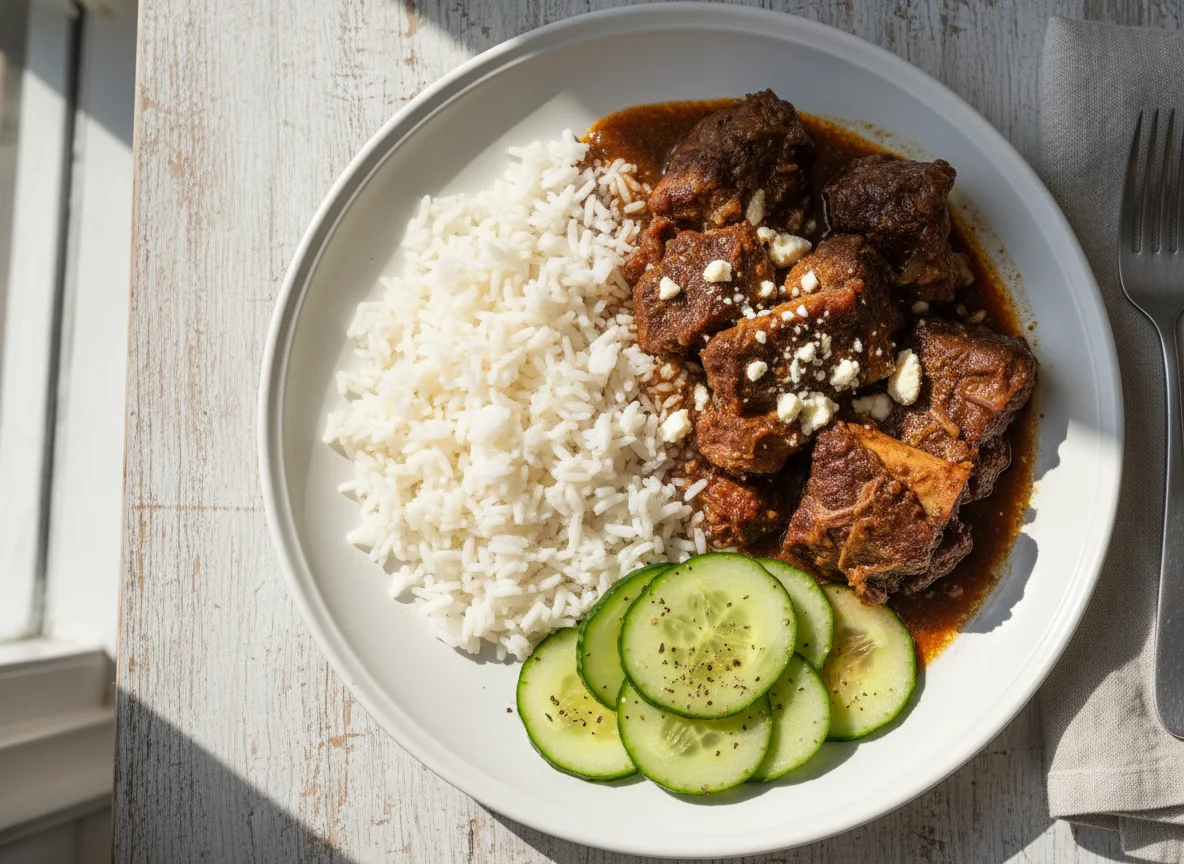 Refeição com carne ensopada, arroz e salada de pepino photo