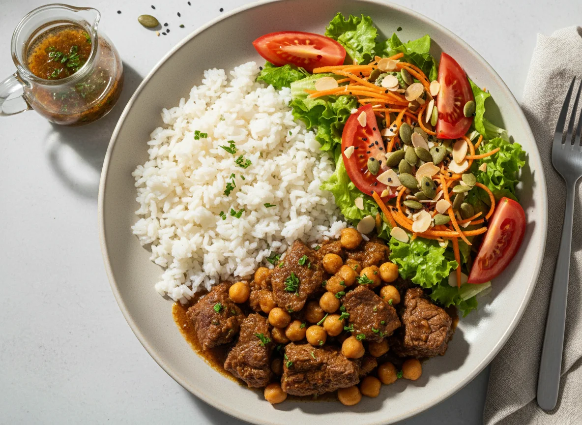 Refeição com carne ensopada, arroz e salada photo