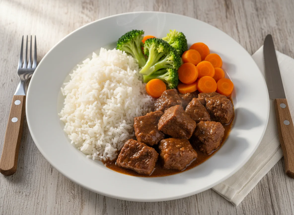 Refeição com carne ensopada, arroz e vegetais photo