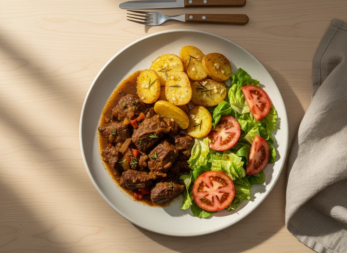 Refeição com carne ensopada, batatas e salada photo