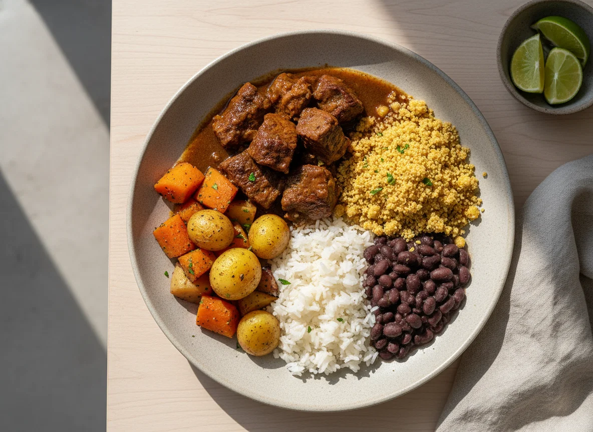 Refeição com carne, farofa e legumes photo