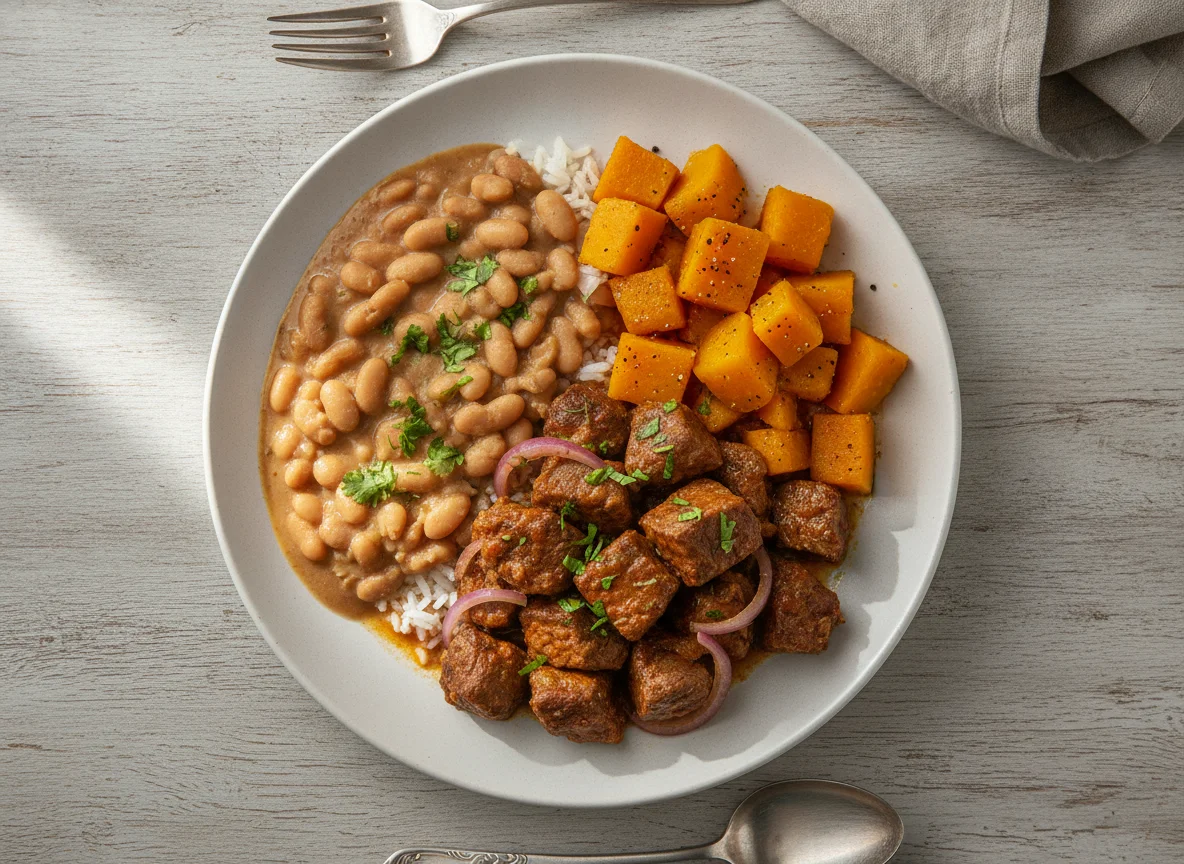 Refeição com carne, feijão e abóbora photo