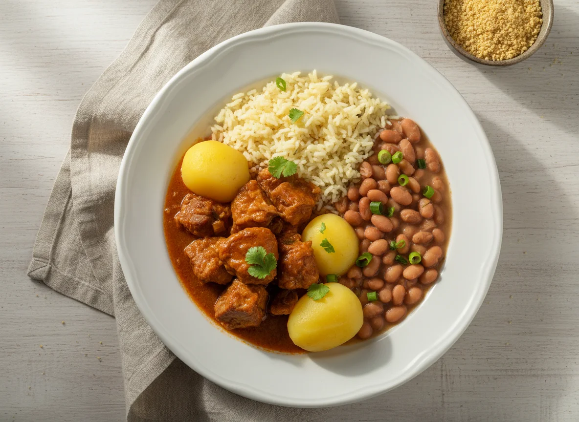 Refeição com carne, feijão e arroz photo
