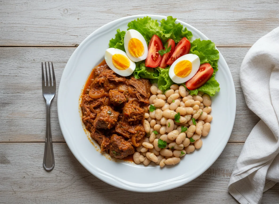 Refeição com carne, feijão e salada photo