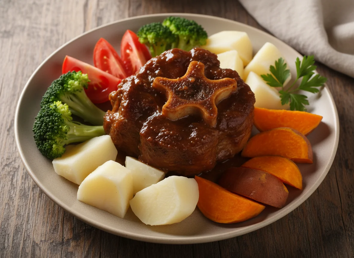 Refeição com carne, legumes e tubérculos photo