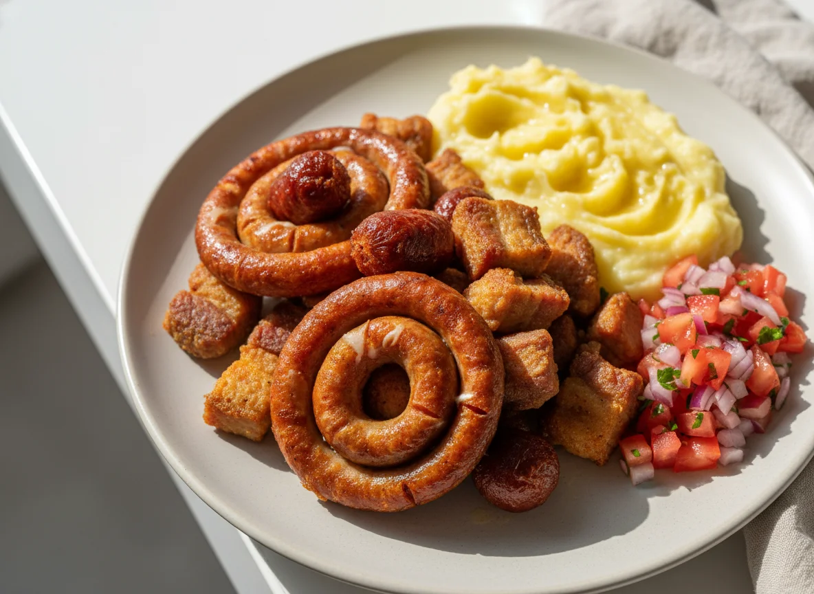 Refeição com carne, linguiça e purê photo