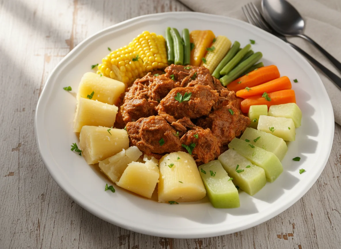Refeição com carne, mandioca e legumes photo