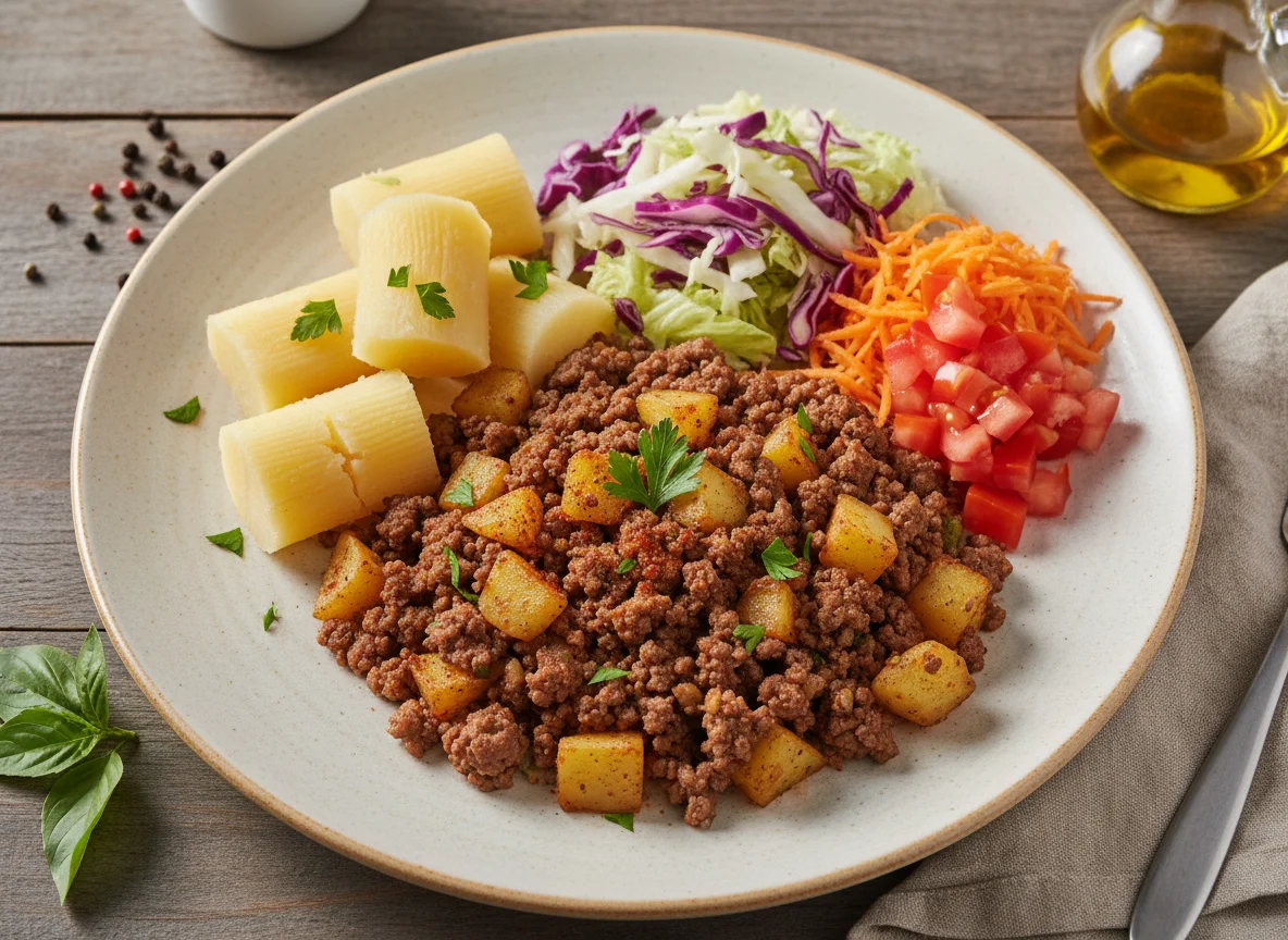 Refeição com carne moída, aipim e salada photo
