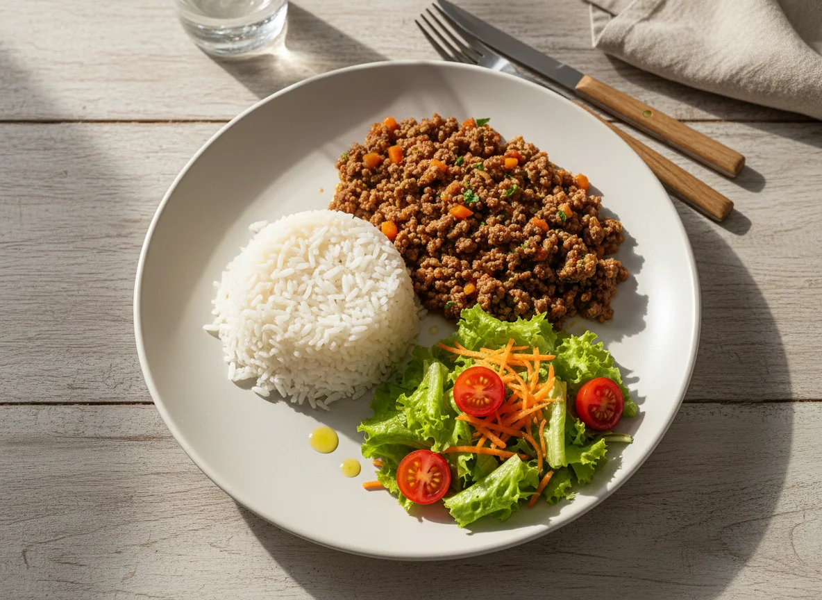Refeição com carne moída, arroz e salada photo