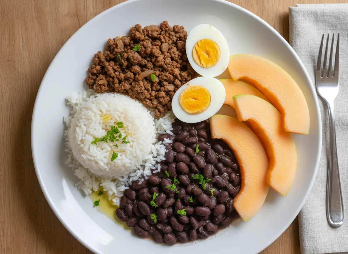 Refeição com carne moída, arroz, feijão, ovos e melão photo