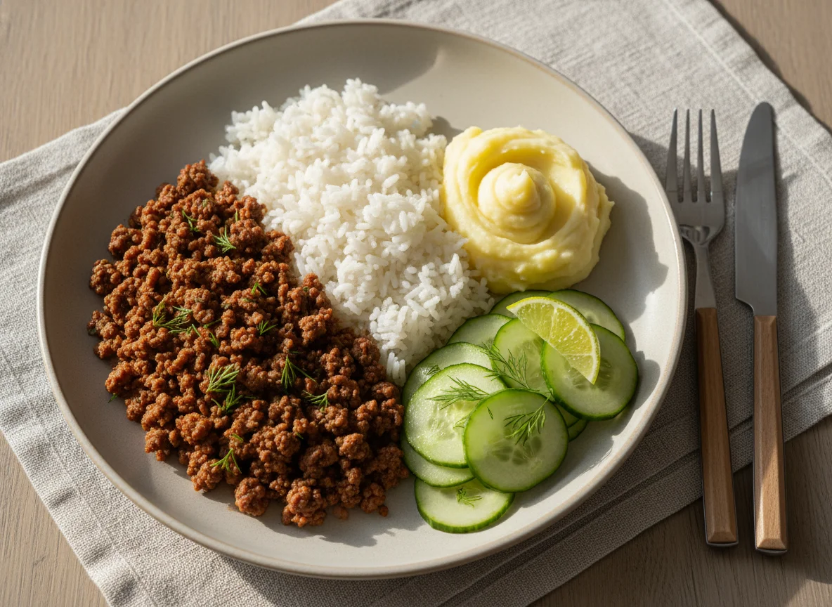 Refeição com carne moída, arroz, purê de batata e pepino photo