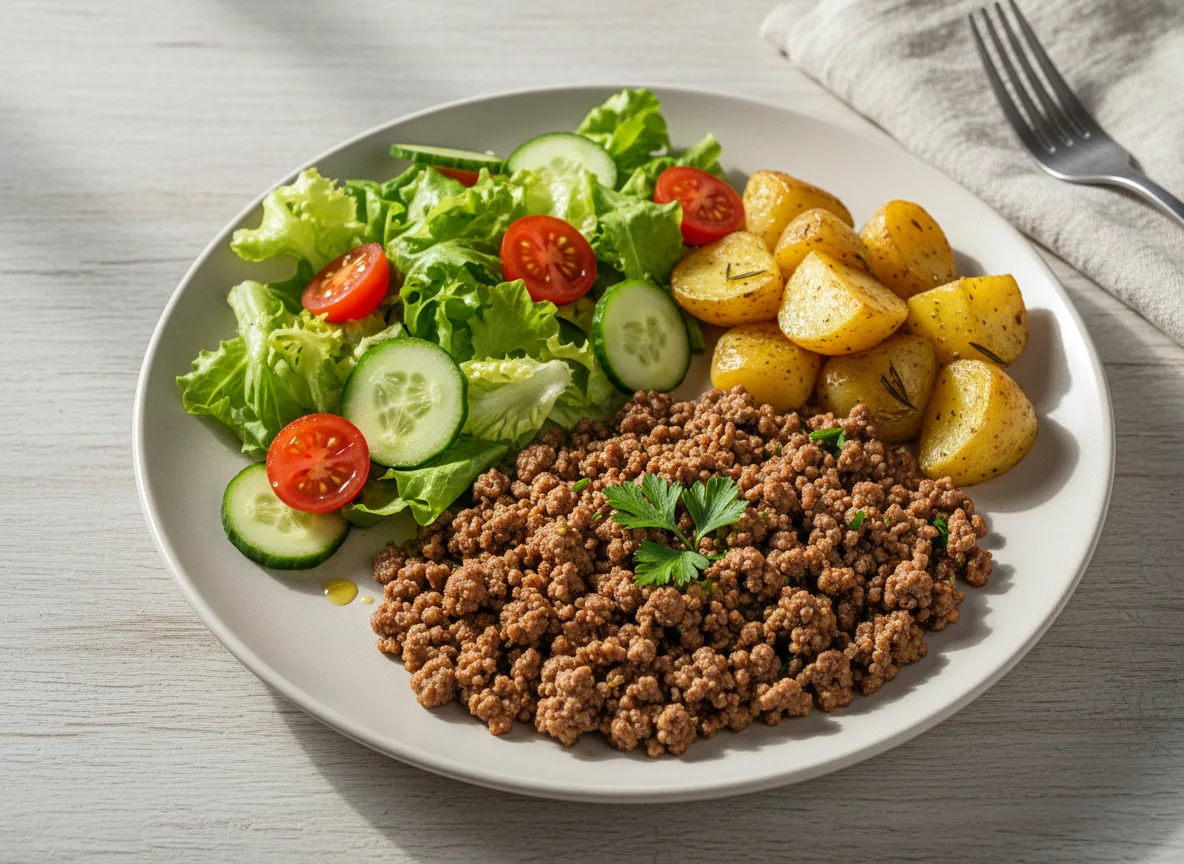 Refeição com carne moída, batatas assadas e salada photo