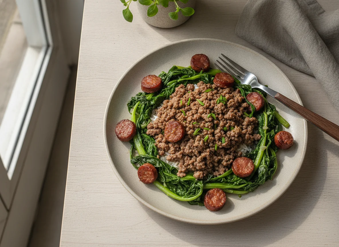 Refeição com carne moída, couve refogada e calabresa photo