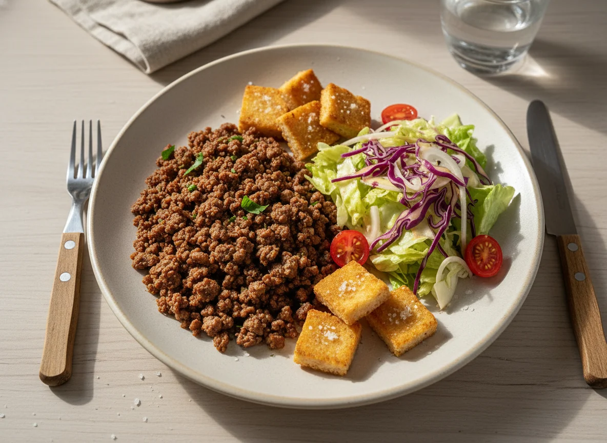 Refeição com carne moída e salada photo
