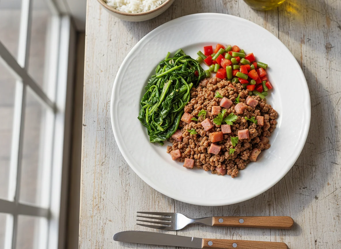 Refeição com carne moída e vegetais photo