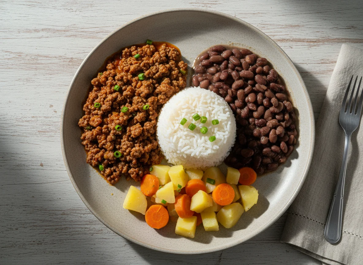 Refeição com carne moída, feijão, arroz e legumes photo