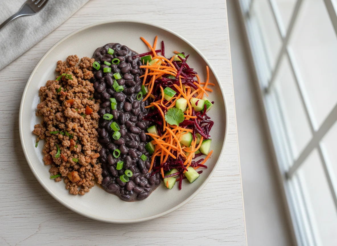 Refeição com carne moída, feijão e salada photo