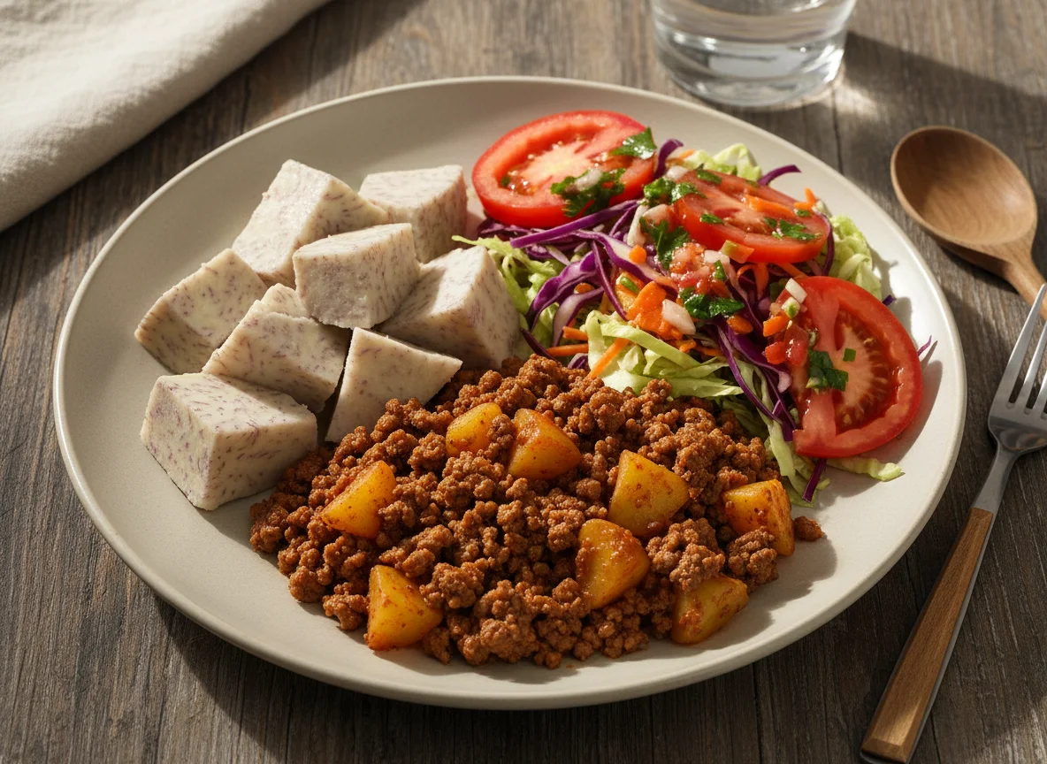 Refeição com carne moída, inhame e salada photo