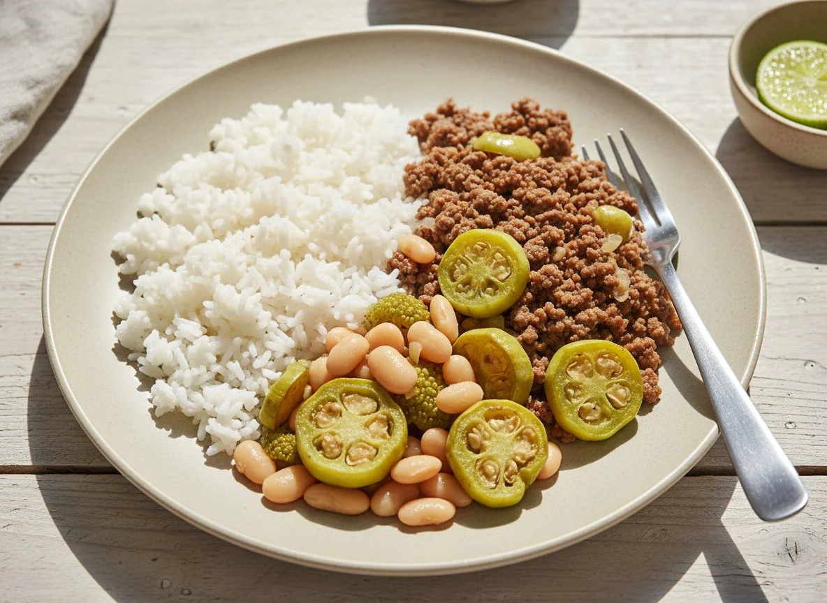 Refeição com carne moída, jiló, maxixe e arroz photo