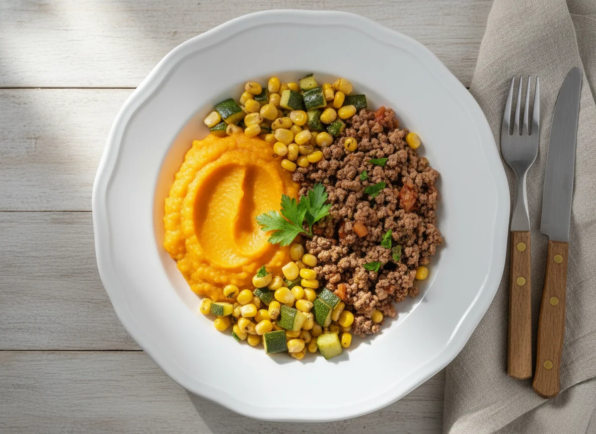 Refeição com carne moída, purê de abóbora e legumes photo