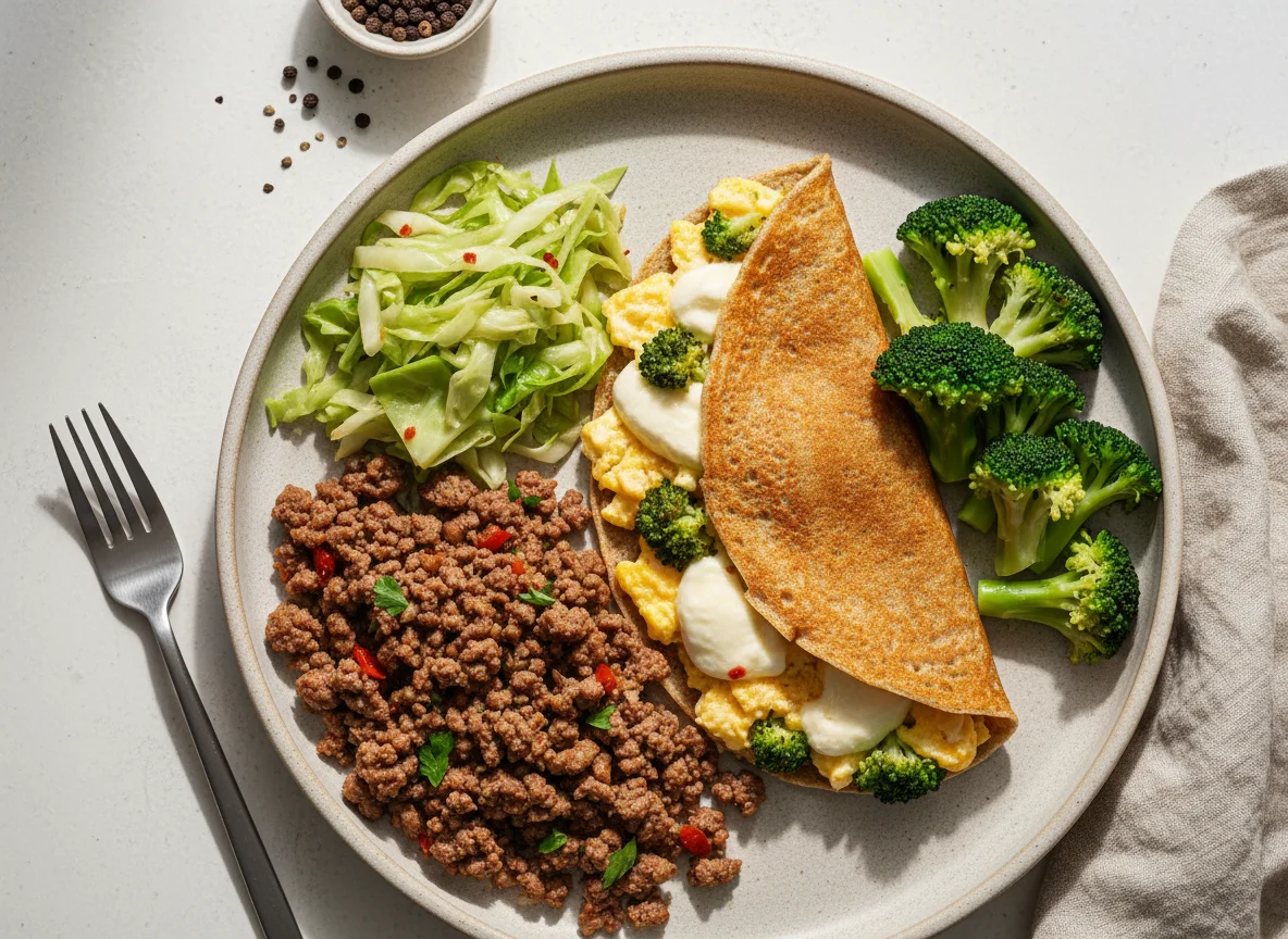 Refeição com carne moída, repolho refogado e crepe recheado photo