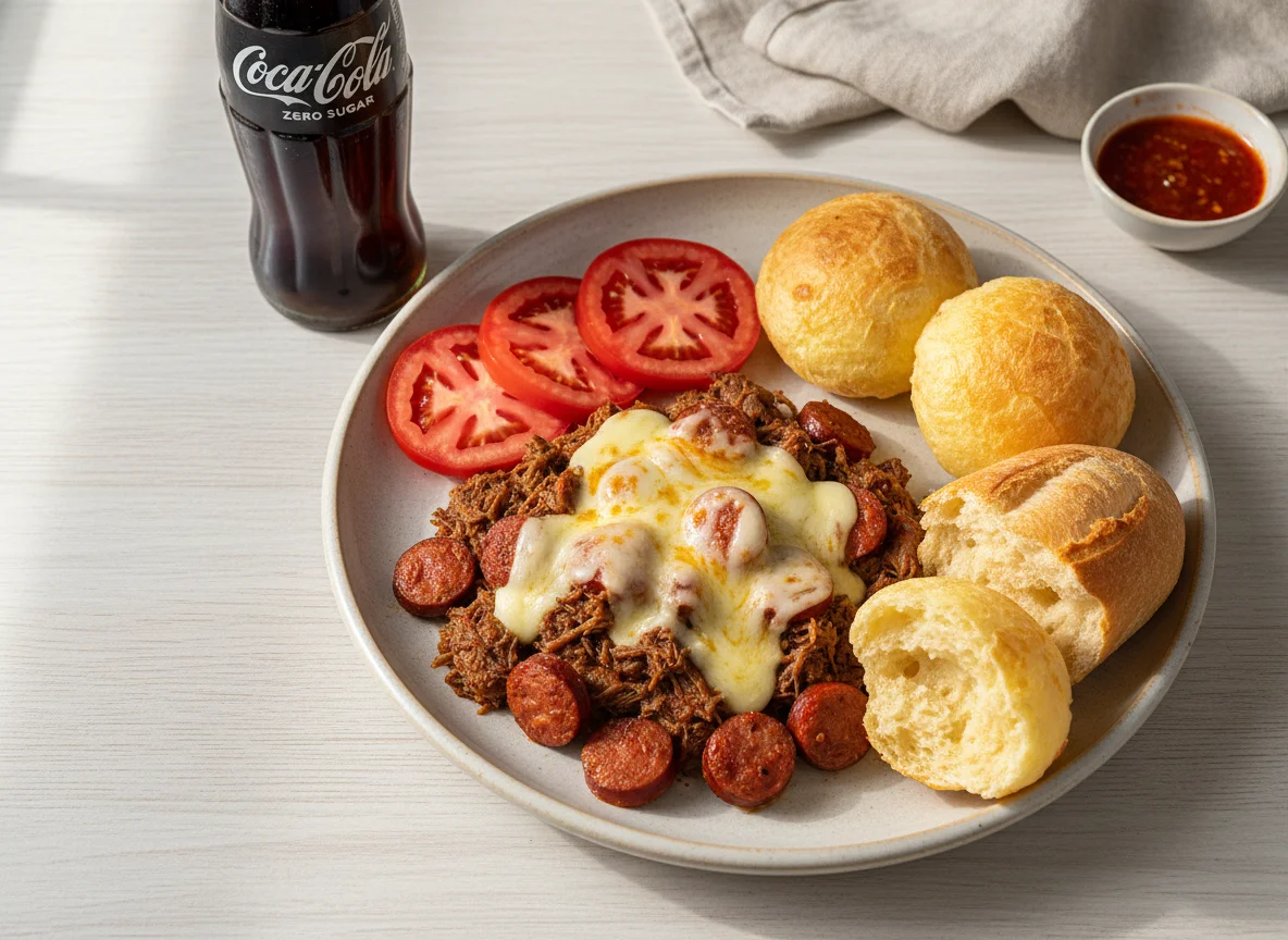Refeição com carne, pão de queijo e pão francês photo