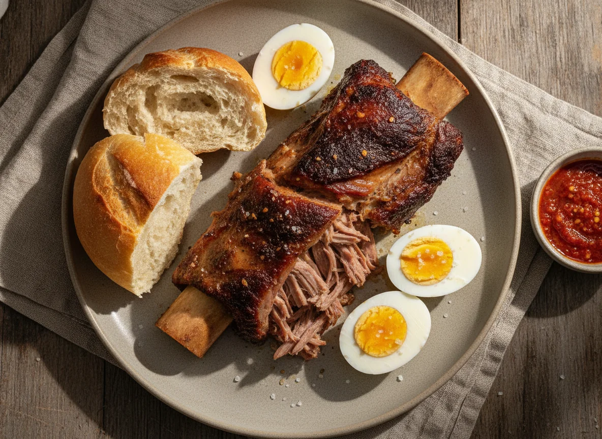 Refeição com carne, pão e ovos photo
