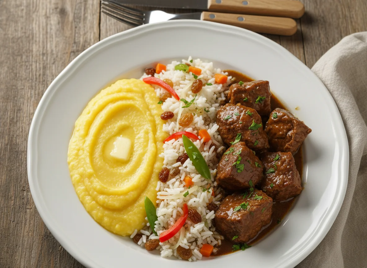 Refeição com carne, purê de milho e arroz com legumes photo